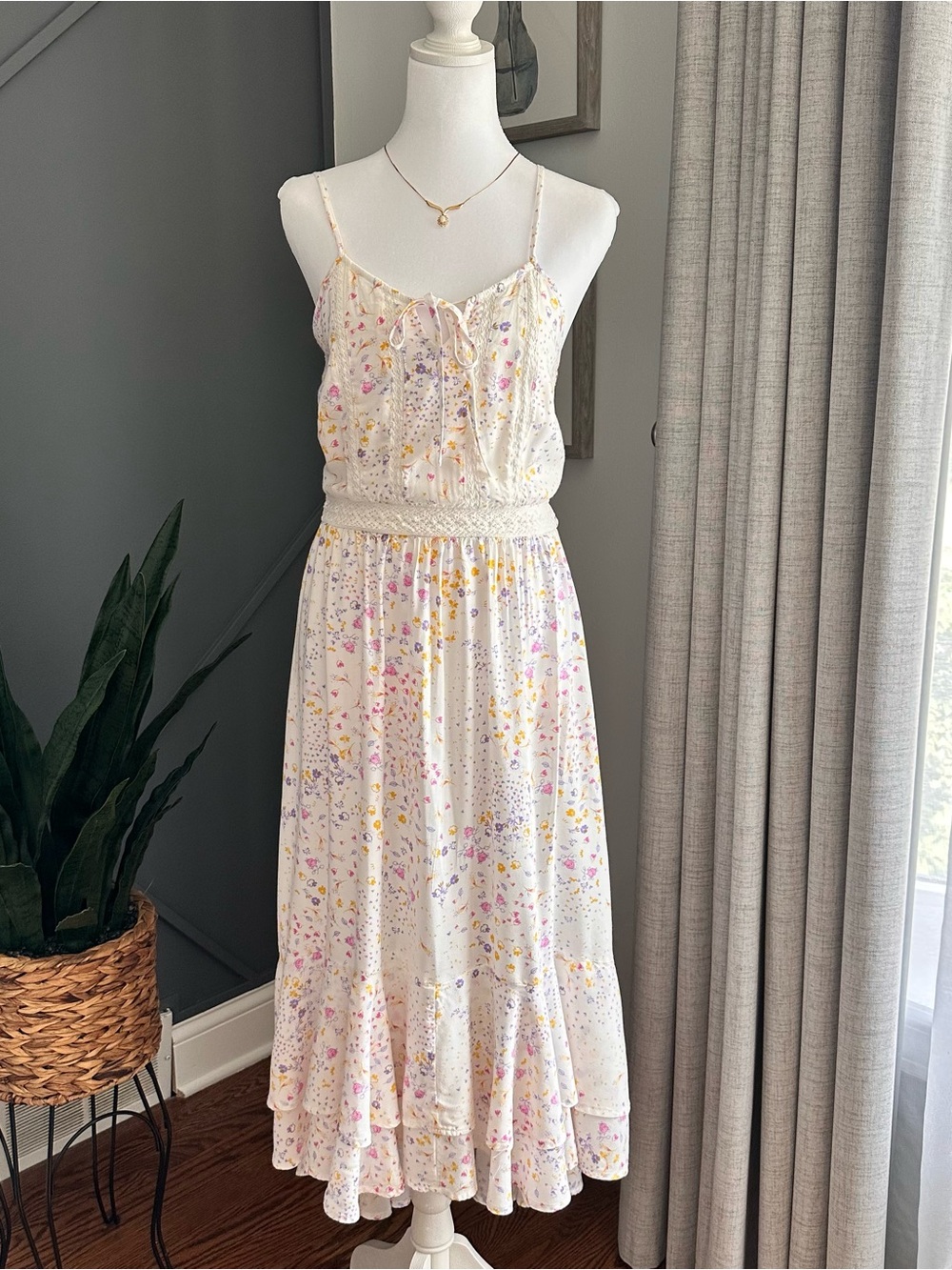 Cottagecore Boho Floral Cream Midi Dress with Pink & Yellow Accent Blossoms